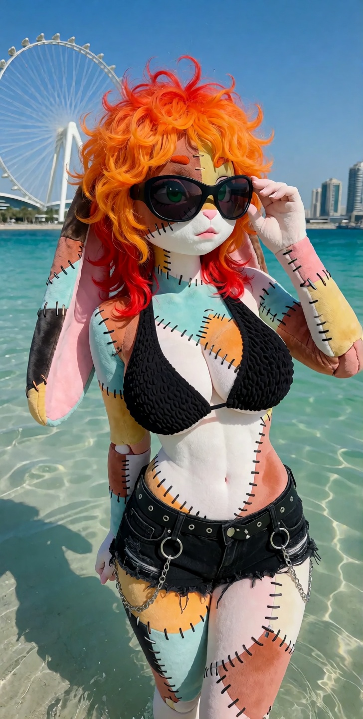 @Willamina,  patchwork anthro plush rabbit girl,  long dangling patchwork lop rabbit ears on Tensor.Art