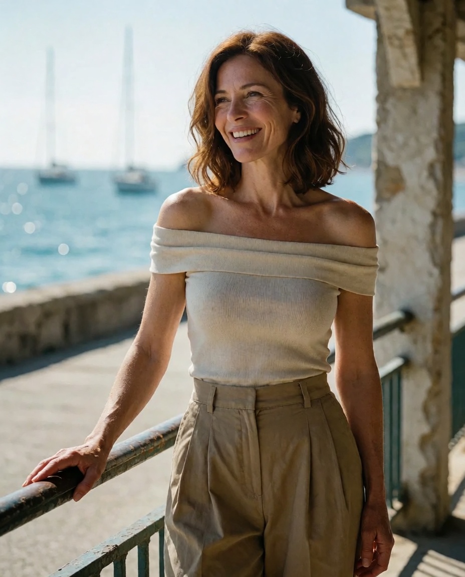 an ***** woman with shoulder-length chestnut hair and a bright candid smile,  wearing a stylish off-shoulder top and wide-...