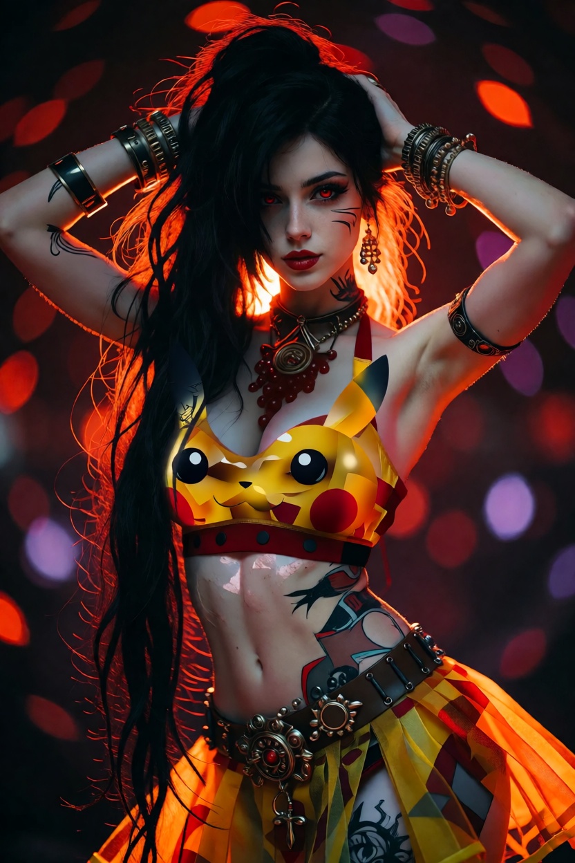 A medium shot of a female dancer from the waist up with very long black hair and a messy side ponytail and red eyes,  wear...