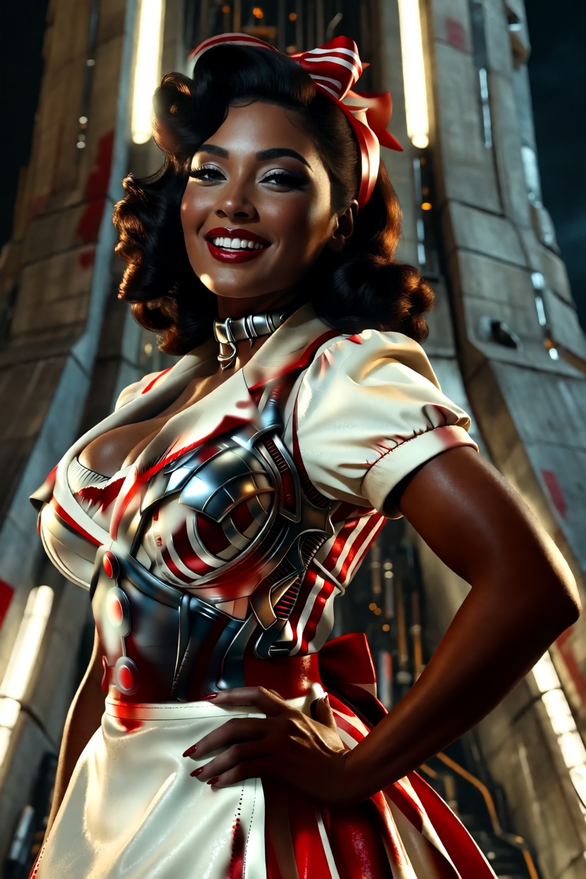 a glamorous retro pinup singer styled like a jukebox-era star,  with deep brown skin and elegant tonal depth,  posing with...