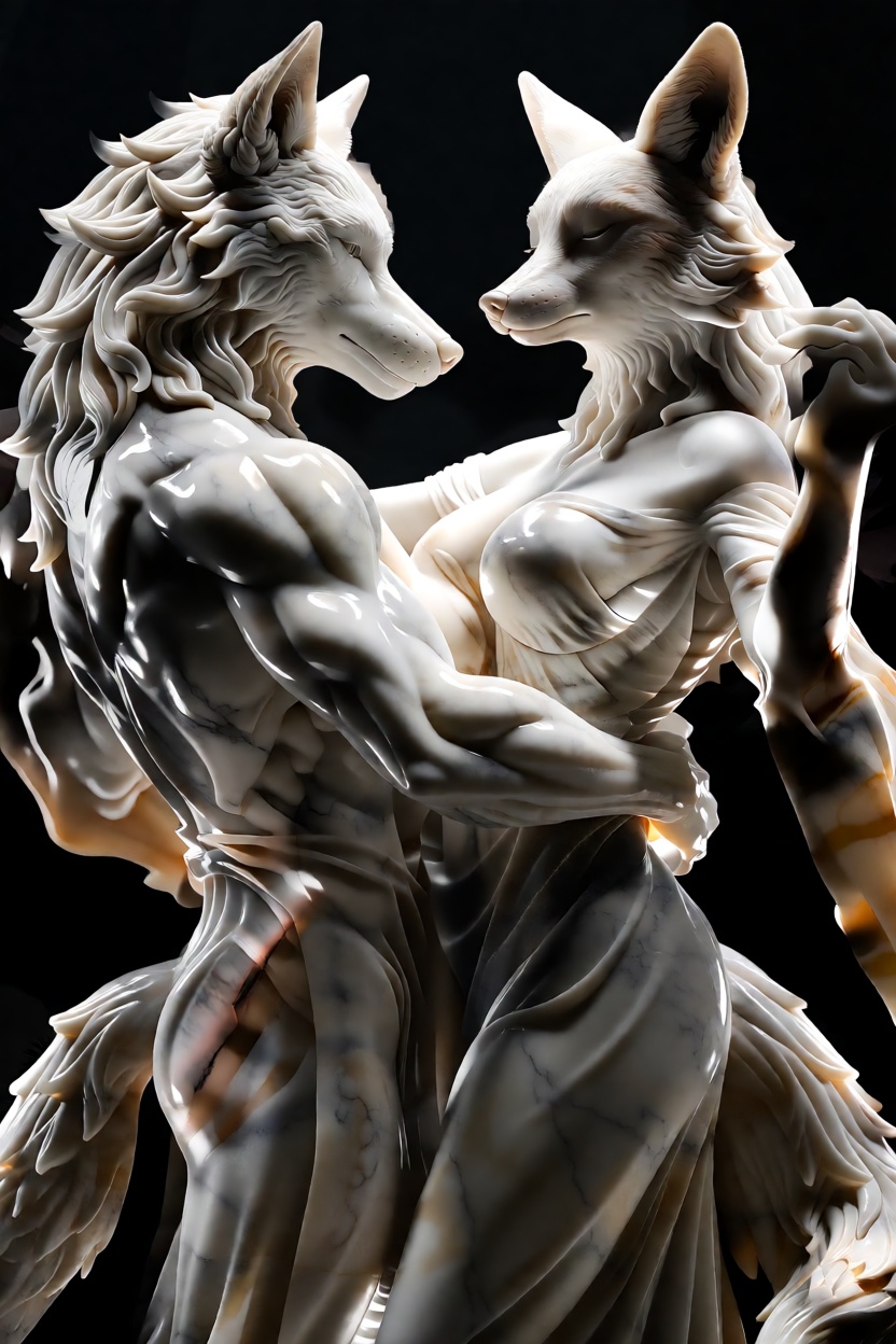 A life-sized,  highly detailed polished marble statue of a muscular,  male anthro wolf and voluptrus female fox facing sid...