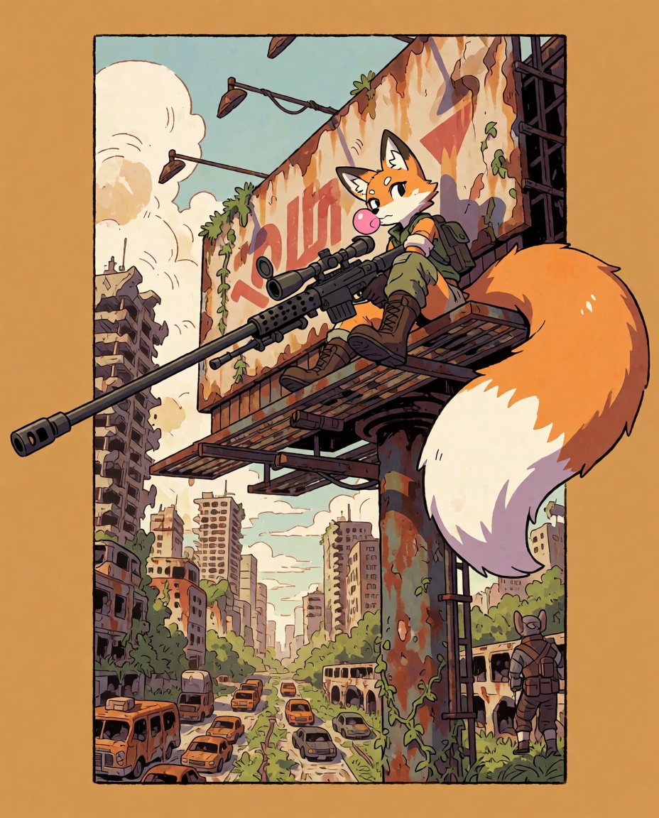 A stylized comic panel illustration in graphic novel linework,  featuring a spunky anthro red fox girl sharpshooter seated...