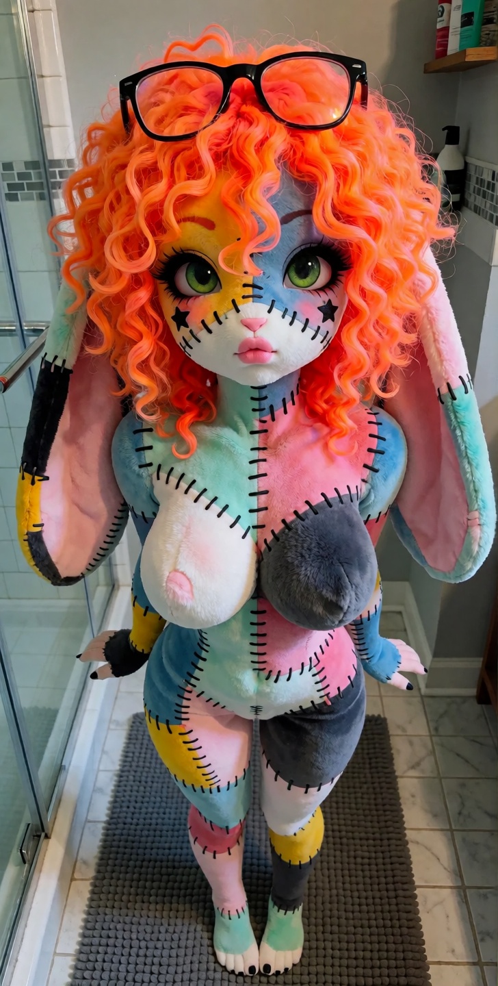 @Willamina,  patchwork anthro plush rabbit girl,  long dangling patchwork lop rabbit ears on Tensor.Art