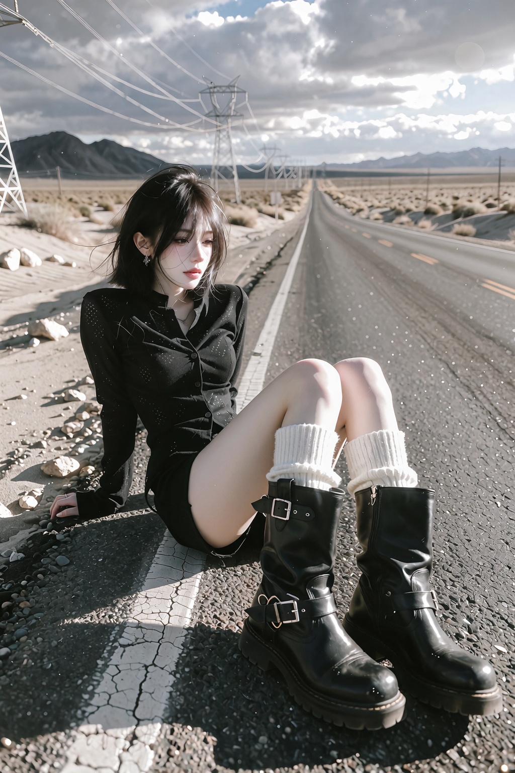 blunt bob cut with straight fringe,  ,  sultry heavy-lidded eyes A photorealistic outdoor fashion photograph of a young wo...