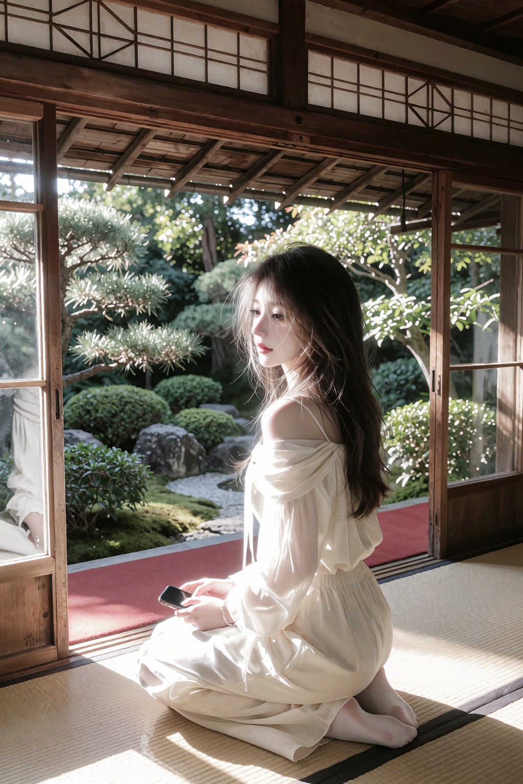 A photorealistic cinematic lifestyle portrait of a young woman sitting in a traditional Japanese room overlooking a magnif...
