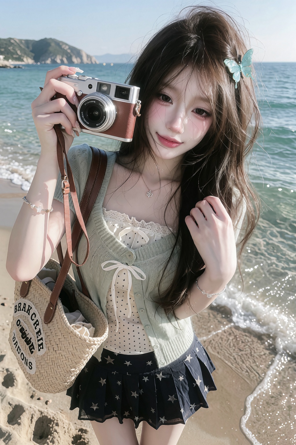 A photorealistic summer beach fashion portrait of a young woman standing on a sandy beach beside the turquoise sea,  weari...