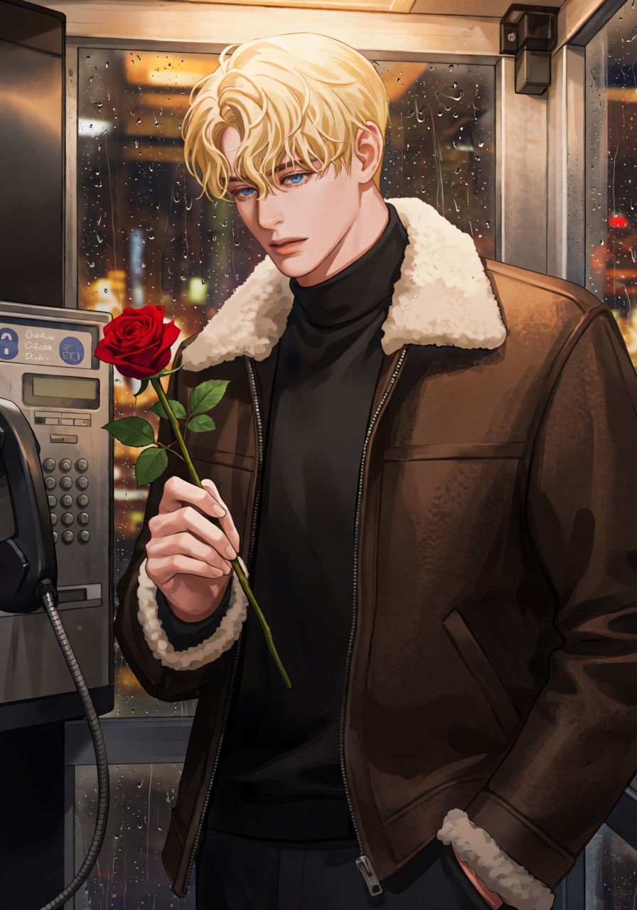A young man with wavy blond hair and blue eyes stands in a phone booth at night,  rain streaking the glass. He wears a bla...