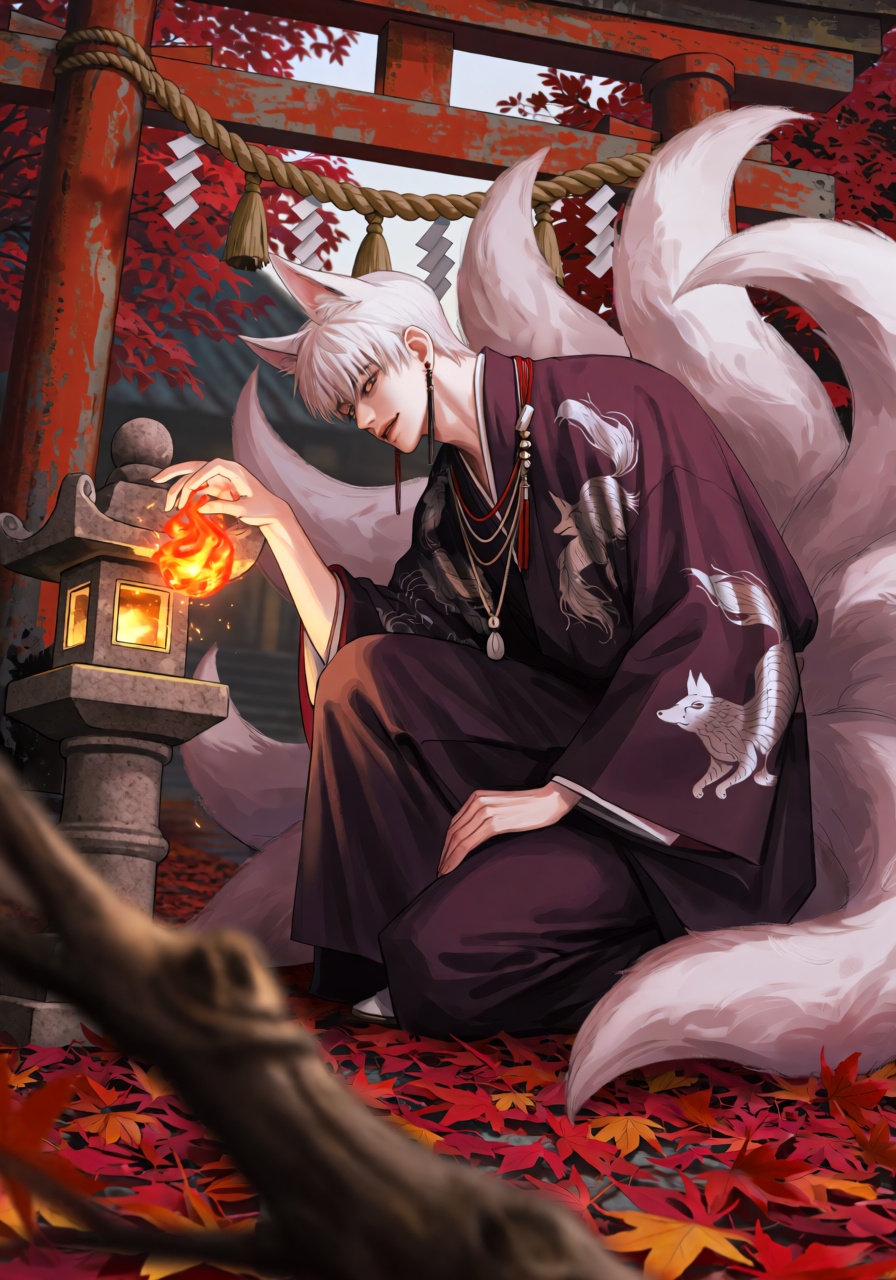 A kitsune man kneels on one knee beneath a weathered shrine gate,  leaning forward to place a glowing foxfire orb inside a...