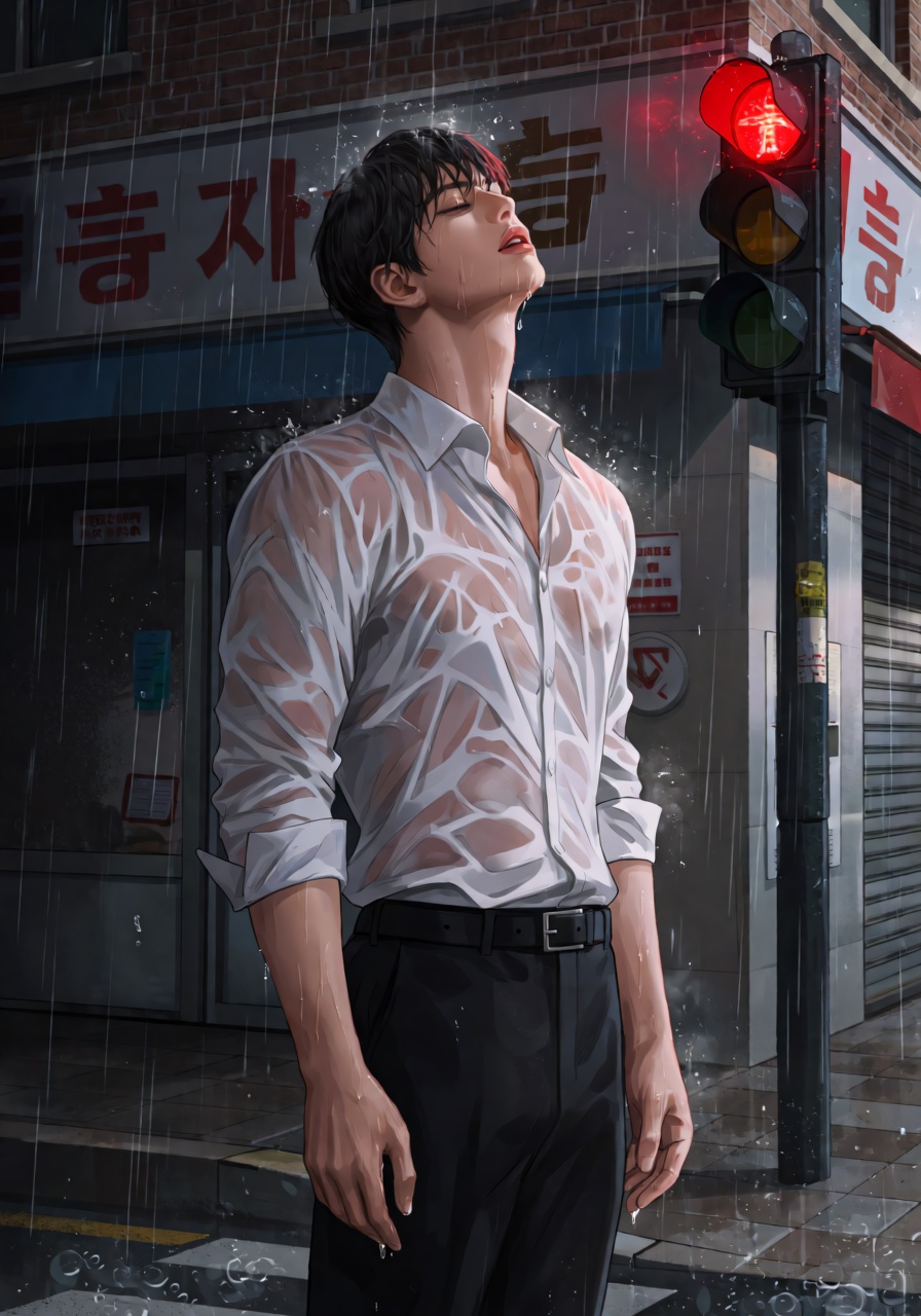 A young man stands in heavy rain on an empty street at night,  head tilted back,  eyes closed. Water streams down his face...