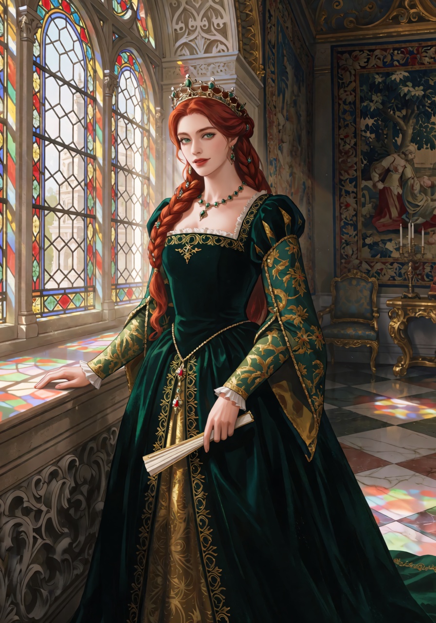 Masterpiece,  high quality,  elegant portrait of a beautiful ***** queen standing beside a towering arched palace window o...