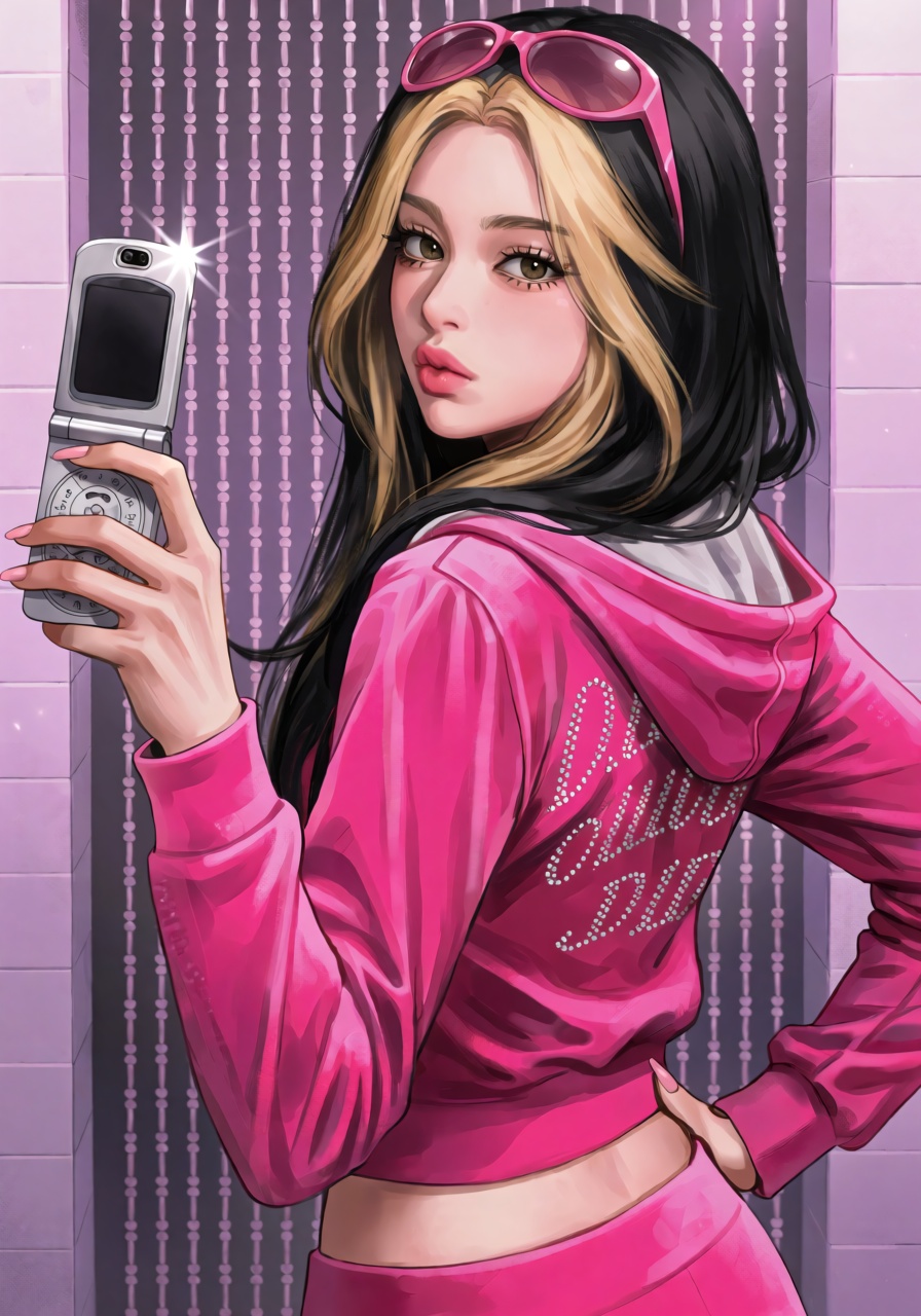 A young woman with long black hair with chunky blonde streaks and brown eyes takes a mirror selfie. She holds a silver fli...