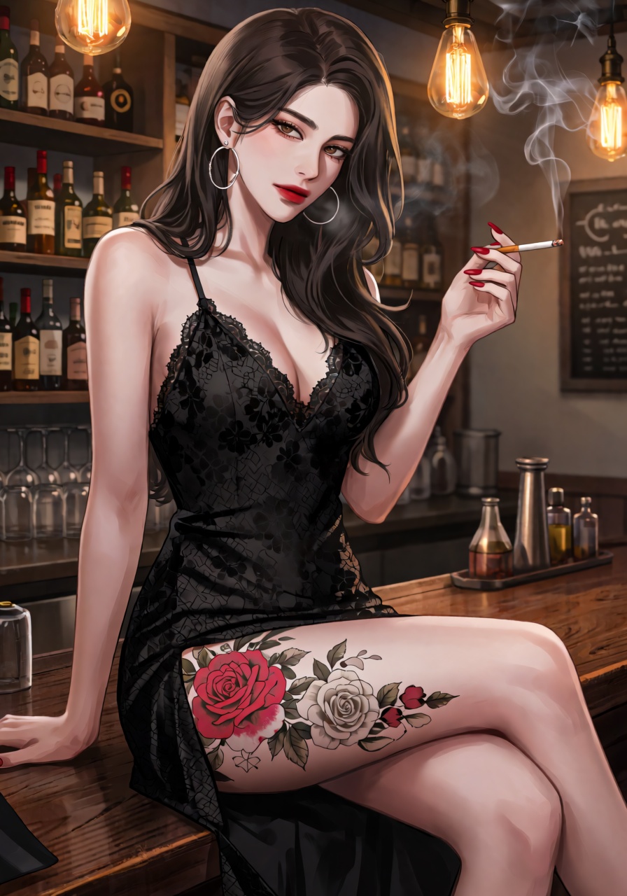 A woman with long wavy dark hair sits on a wooden bar counter. A detailed rose tattoo runs down her left thigh,  visible t...