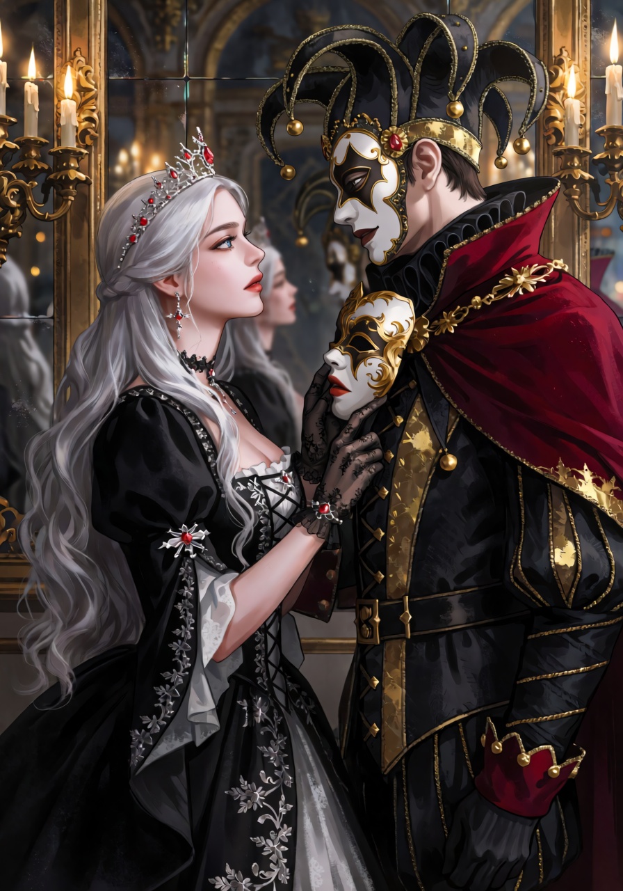 High-detail fantasy portrait of an ***** princess standing face-to-face with an ***** court jester in a mirrored palace ga...