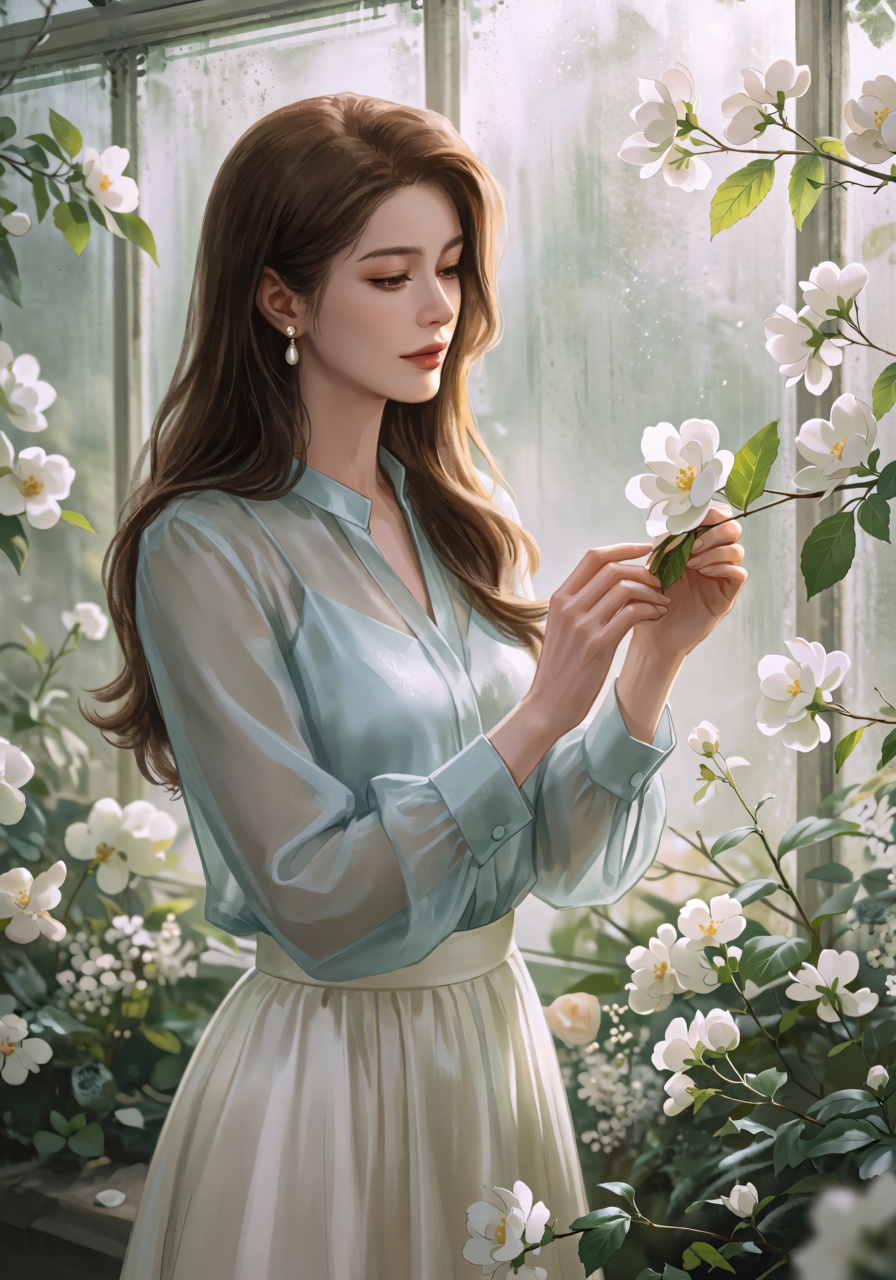 An ***** woman with long chestnut hair stands among delicate white flowers in a glass greenhouse,  gently brushing a leaf...