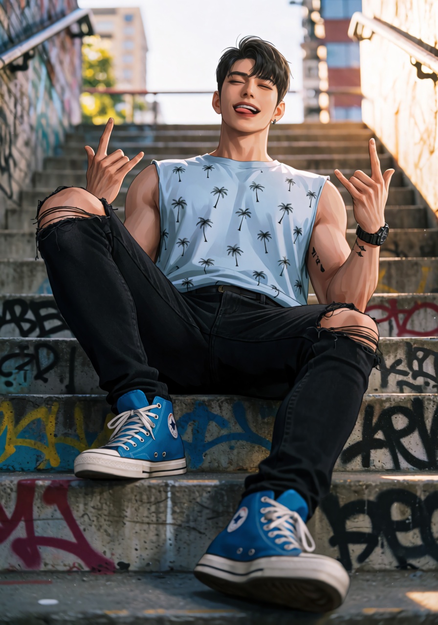an athletic ***** man sitting casually on worn,  graffiti-covered concrete steps in an urban setting,  playful expression...