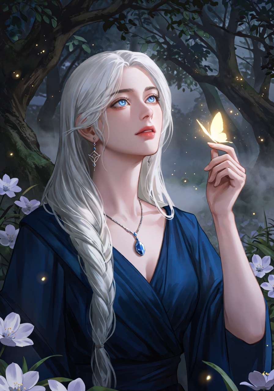 A young woman with long white hair and luminous blue eyes looks upward with a peaceful expression. She wears a flowing mid...