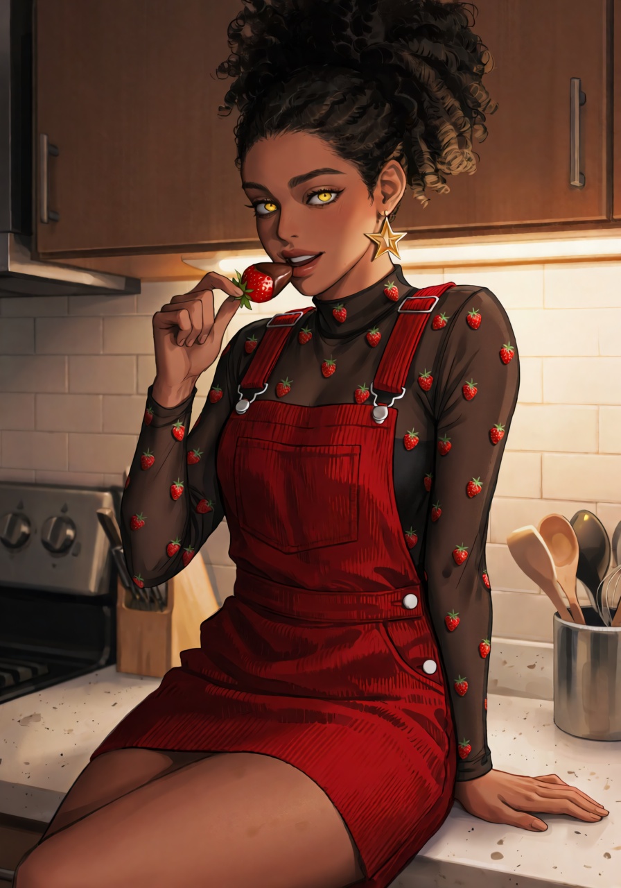 A young woman with dark skin and natural black hair in a high puff and gold eyes sits on a kitchen counter. She wears a re...