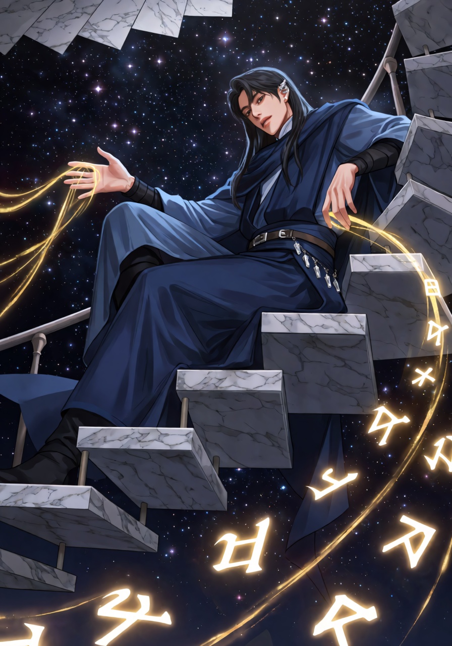 An ***** mage sits sideways on a floating marble staircase,  one knee raised and an elbow resting casually upon it,  while...