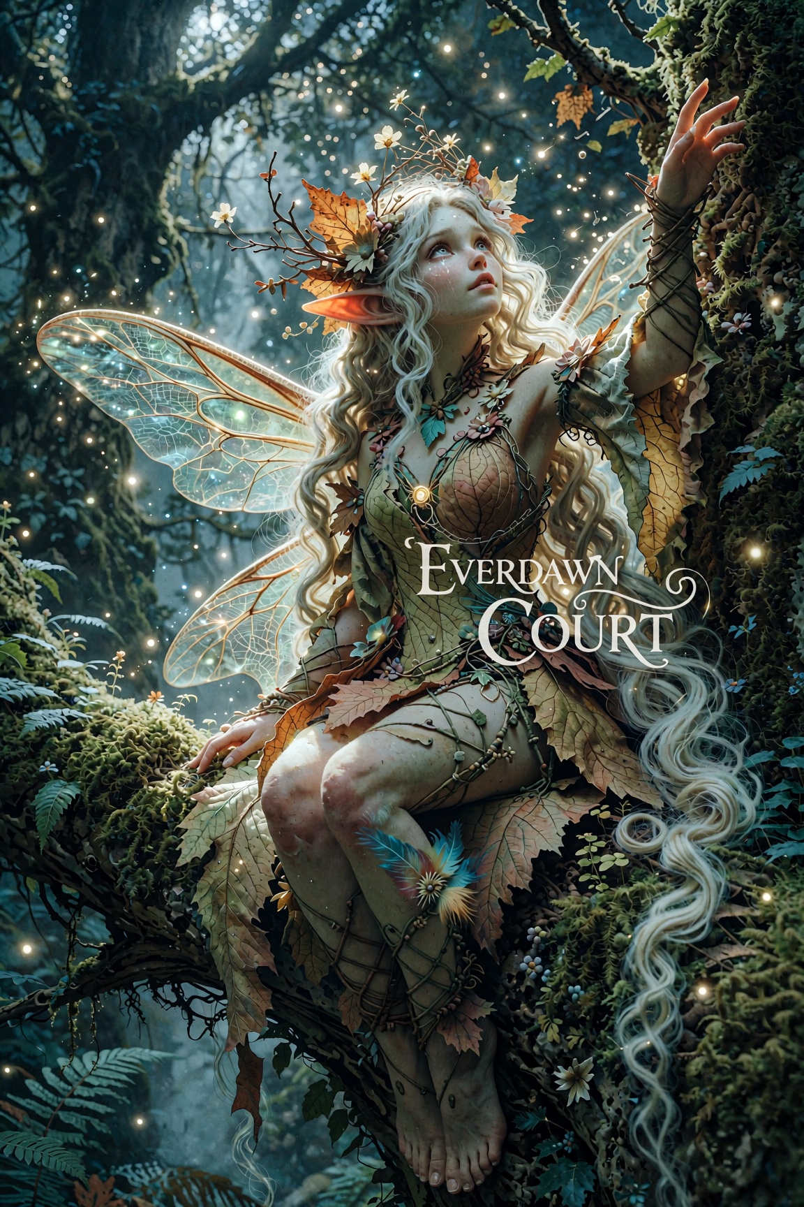 A breathtaking realistic ethereal forest fairy sitting gracefully on a moss-covered tree branch in an enchanted ancient wo...