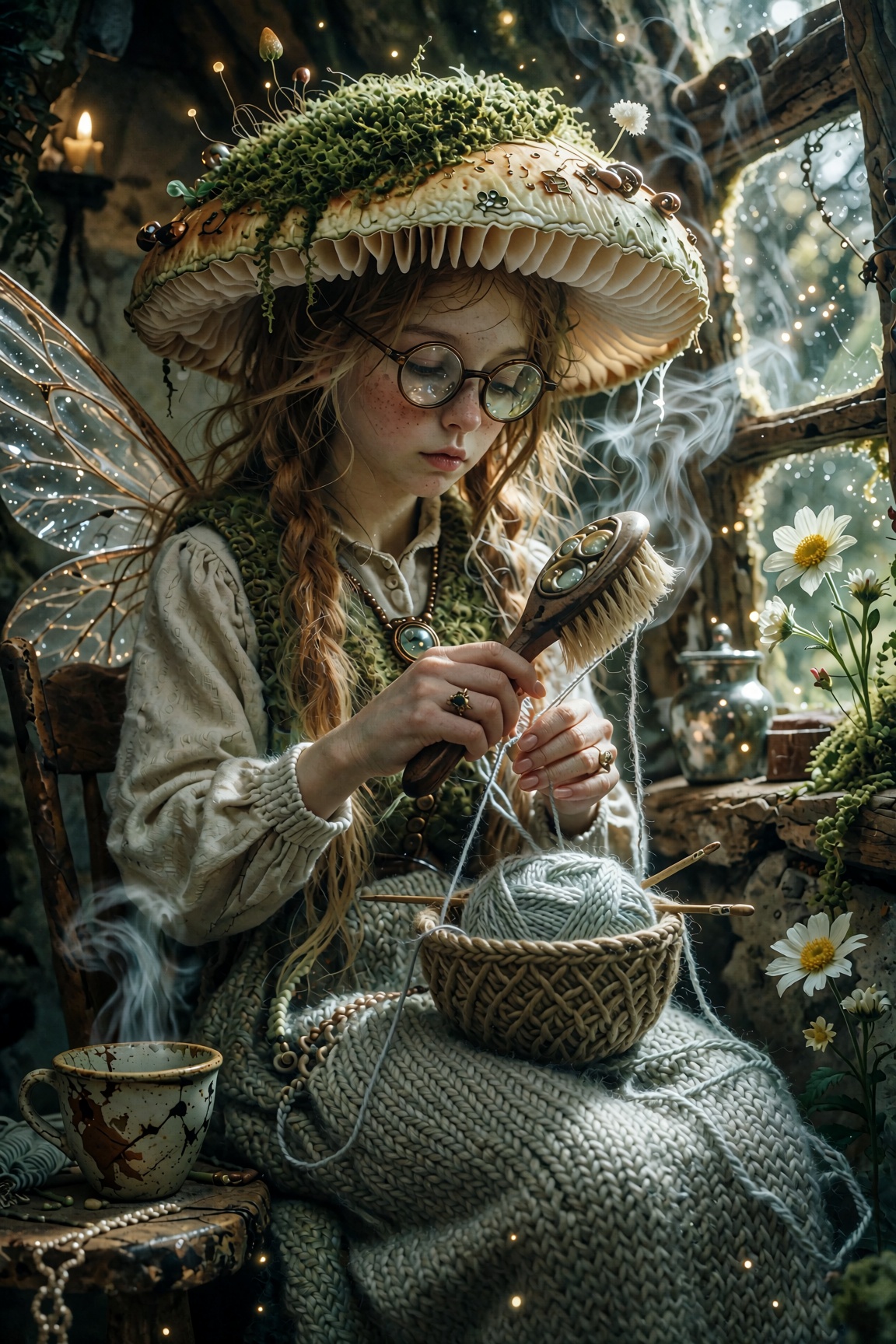 Under a mushroom top Green hair falling like moss She’s brushing silver wings Counting every loss Steam from a chipped cla...