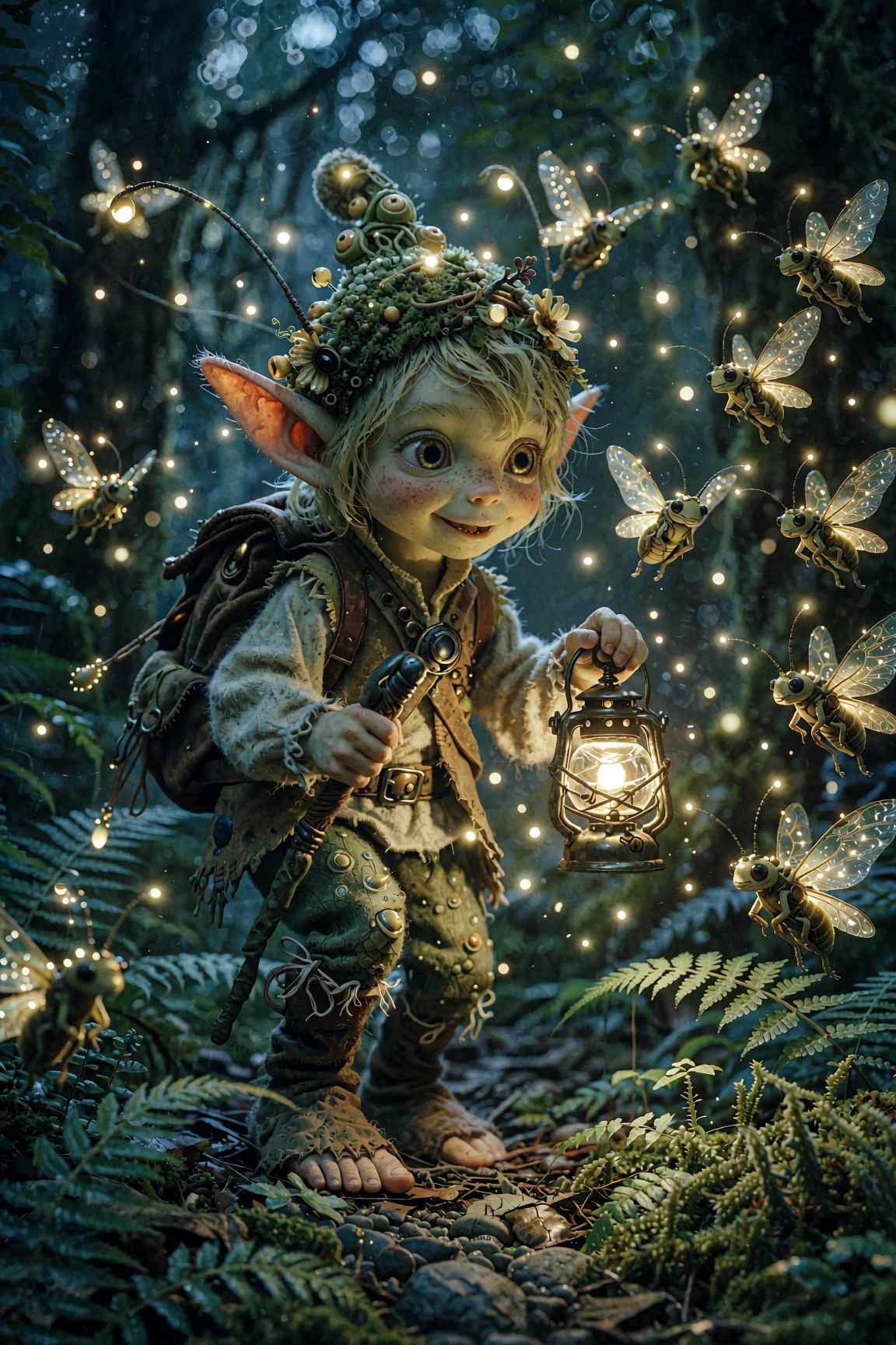 Young woodland sprite guiding a flock of glowing fireflies through a twilight forest,  tiny lantern,  warm magical atmosph...