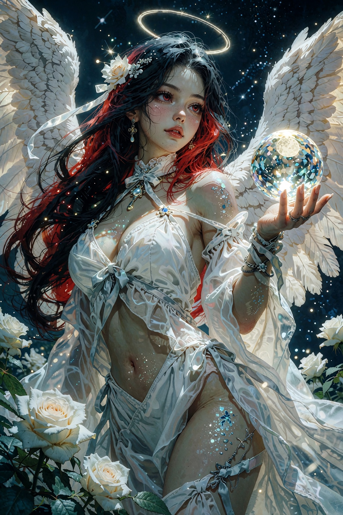 beautiful angel woman with long black and red hair,  white wings,  and serene expression wearing a flowing white outfit wi...