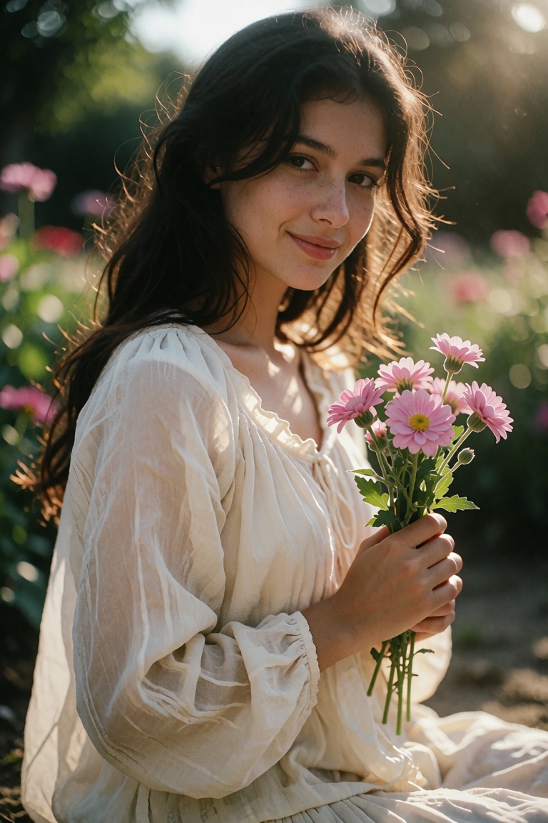 This is a soft-focus,  dreamy photograph of a young woman with a warm,  golden light illuminating her from the side. The s...
