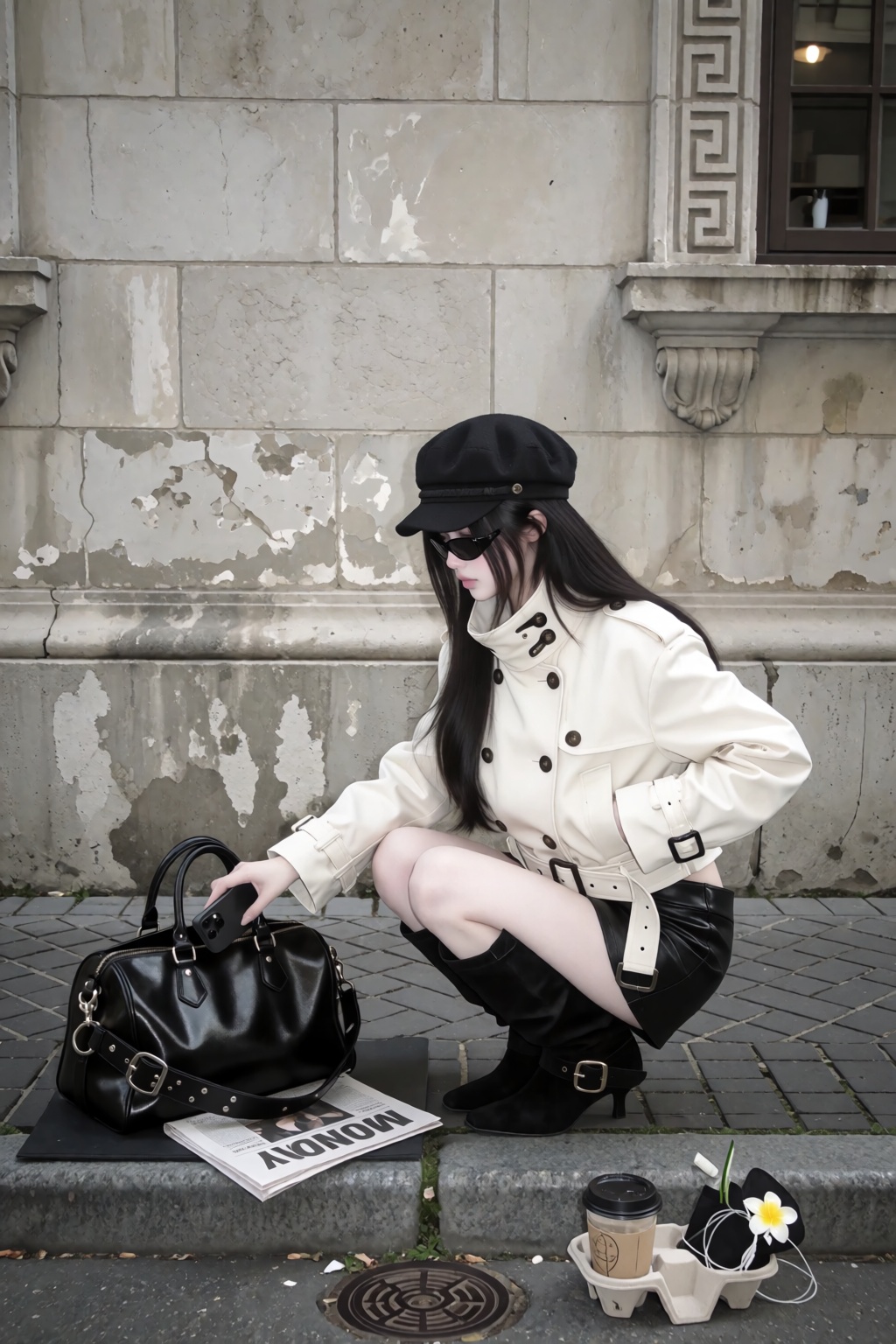 character: hair: )))) outfit: ,  oversized stand-up storm collar flipped up high around the neck,  large dark brown horn b...