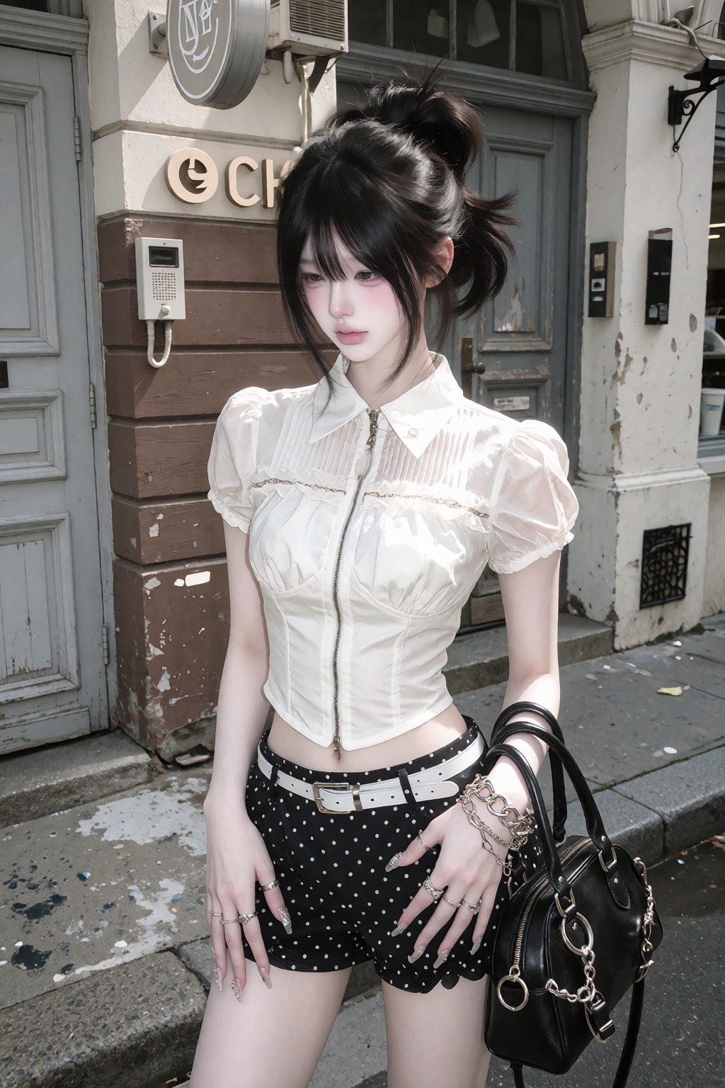 character: (young ***** woman,  standing alone outdoors,  delicate feminine features on Tensor.Art