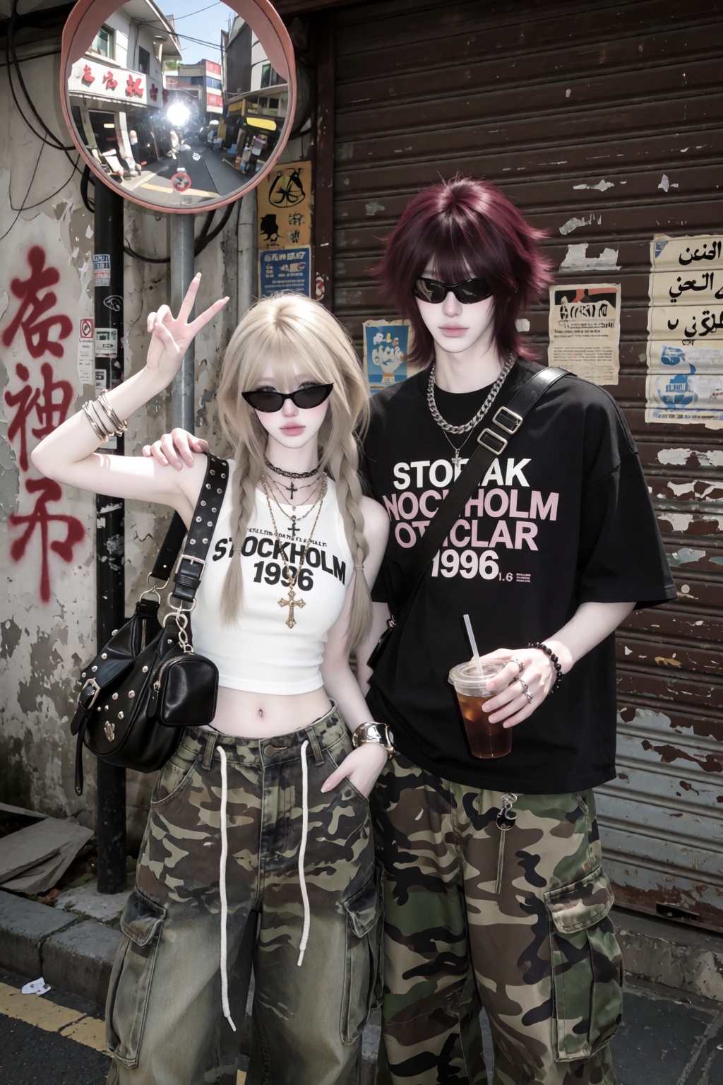 character_1 (woman,  on the left side of the image): character_2 (man,  on the right side of the image): hair_1: )))) hair...