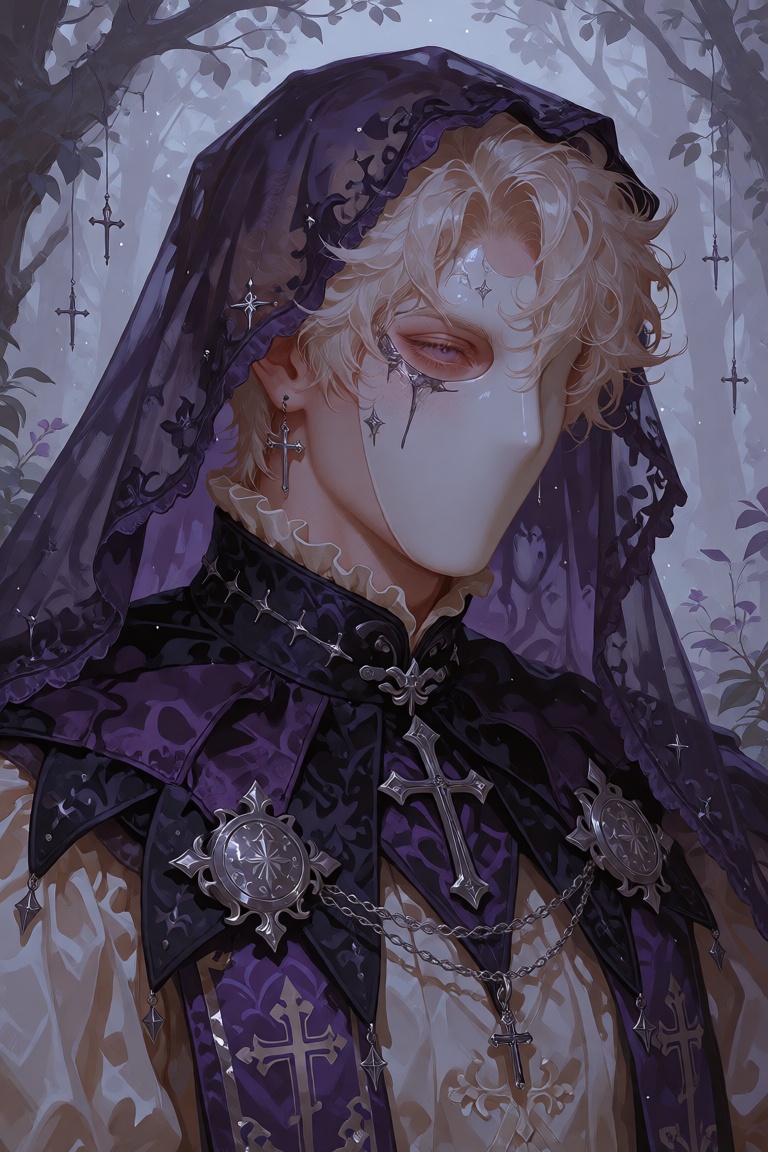 A mystical male jester standing in a misty enchanted forest. ,  . He wears a sheer veil adorned with small silver crosses...
