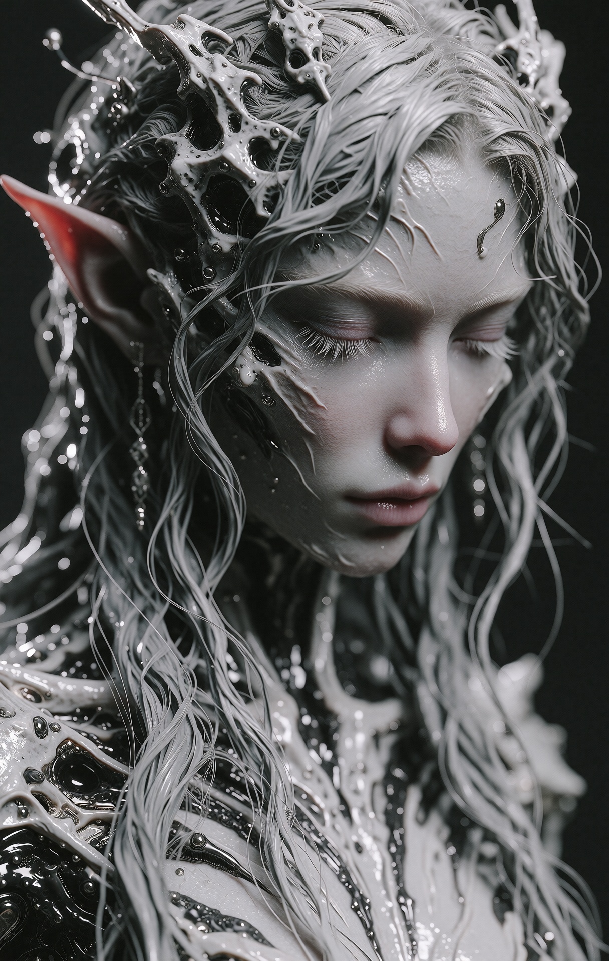 @zbrush,  The image is a striking 3D digital artwork of a female character with an ethereal,  otherworldly appearance. The...