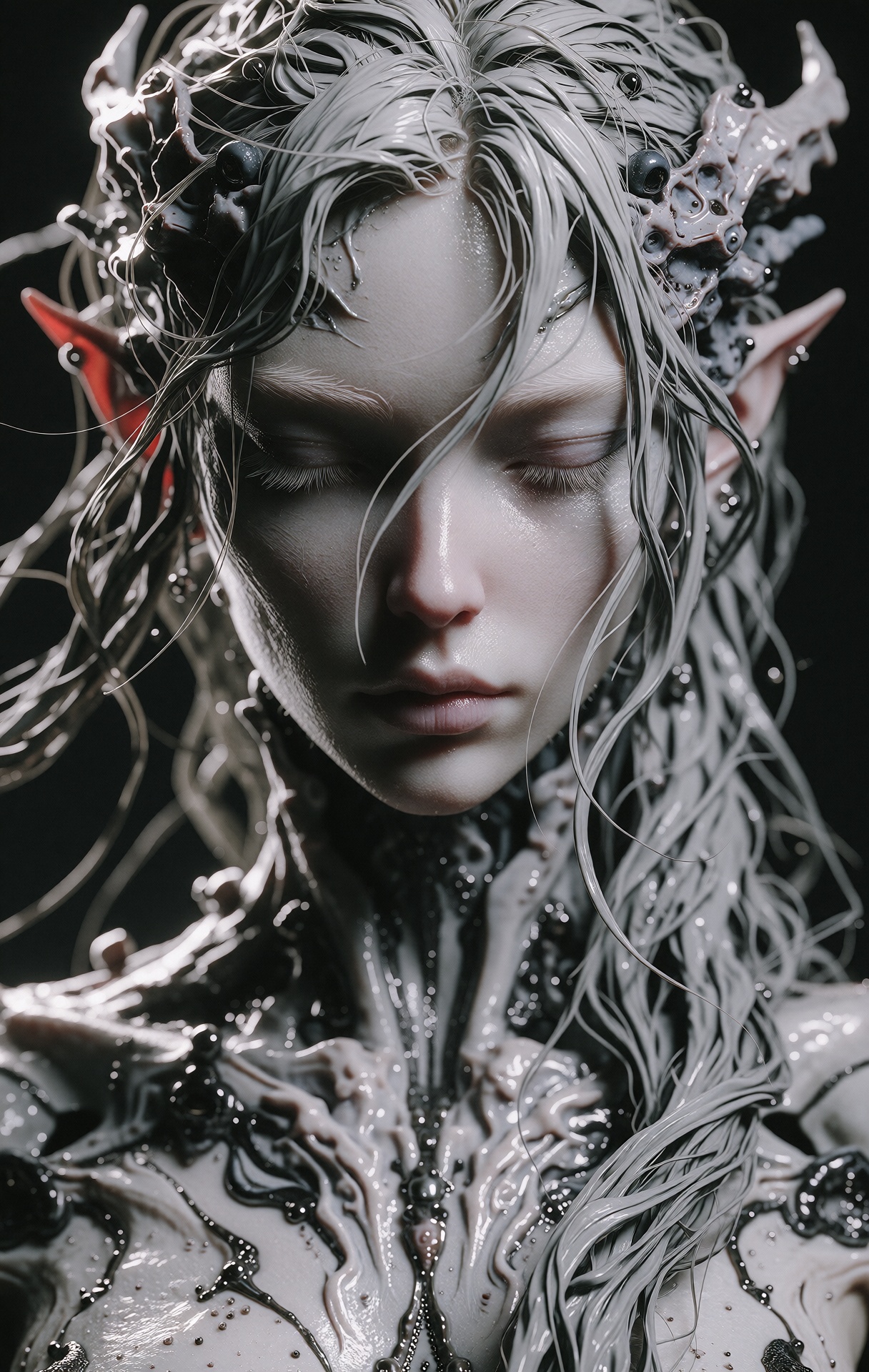 @zbrush,  The image is a striking 3D digital artwork of a female character with an ethereal,  otherworldly appearance. The...