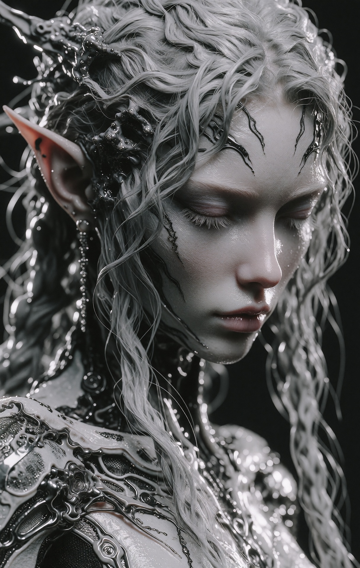 @zbrush,  The image is a striking 3D digital artwork of a female character with an ethereal,  otherworldly appearance. The...