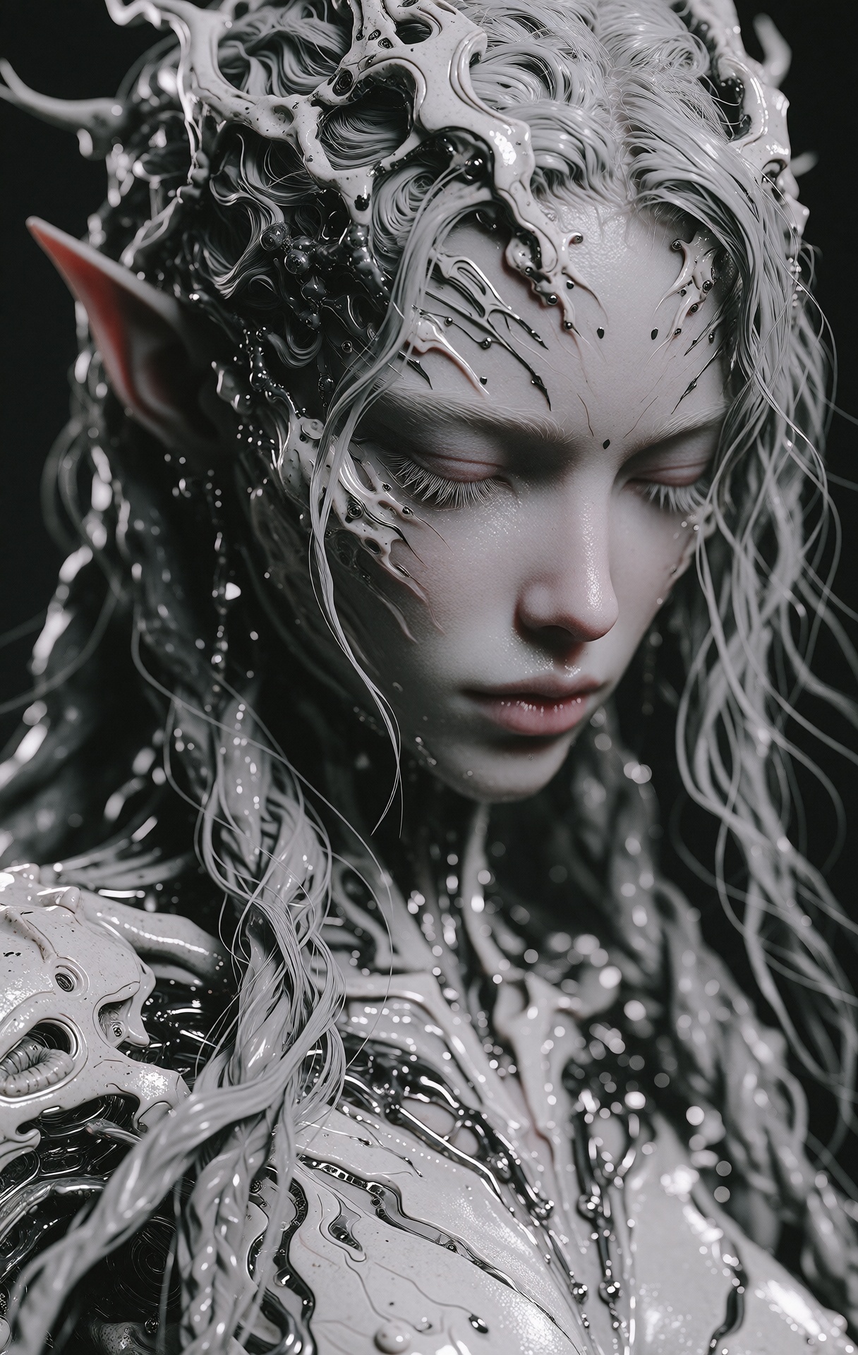 @zbrush,  The image is a striking 3D digital artwork of a female character with an ethereal,  otherworldly appearance. The...