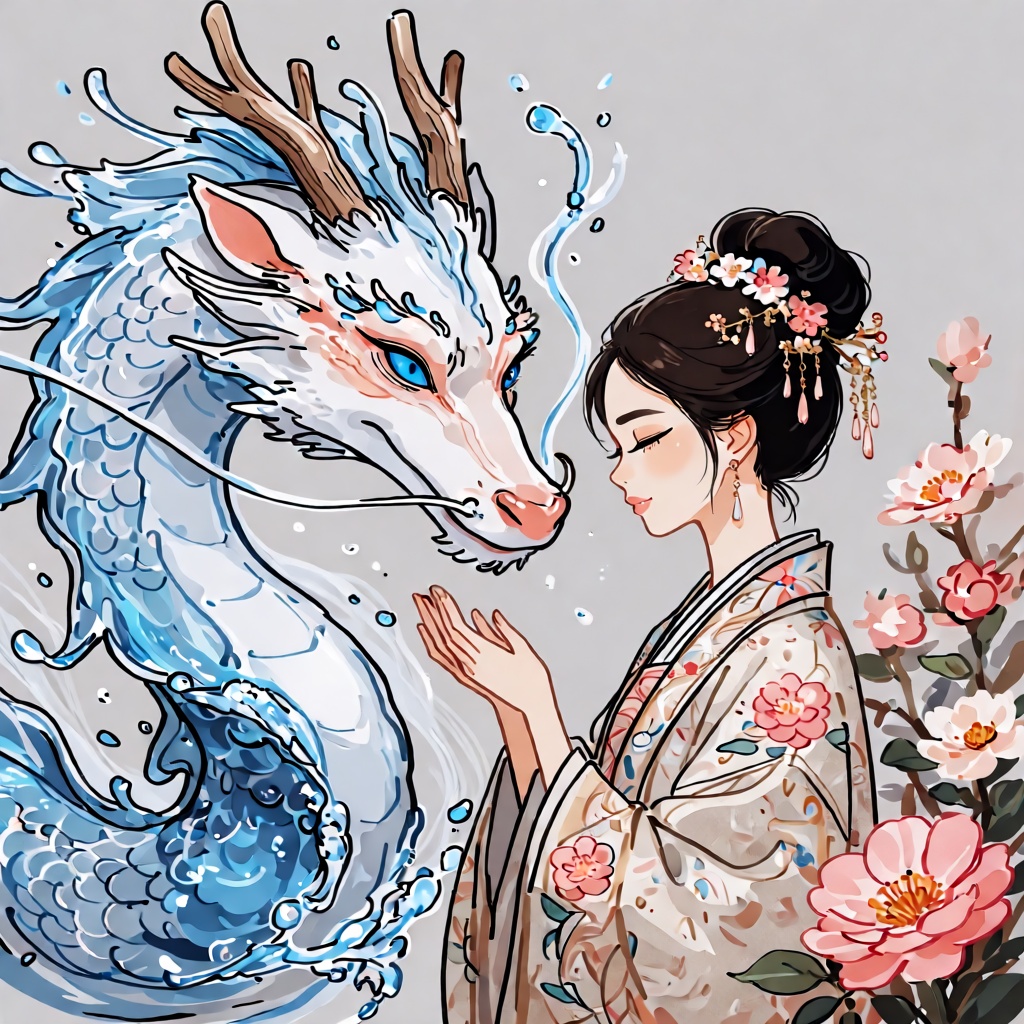 { "high_level_description": "A fantasy digital illustration depicting a tender moment between a graceful traditional Asian...