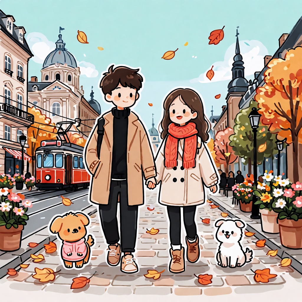 { "high_level_description": "A charming and whimsical digital illustration depicting a young couple walking hand-in-hand d...