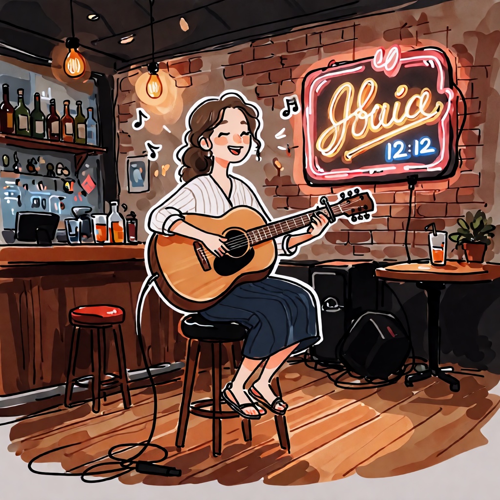 { "high_level_description": "A charming,  cozy digital illustration of a smiling woman playing an acoustic guitar inside a...