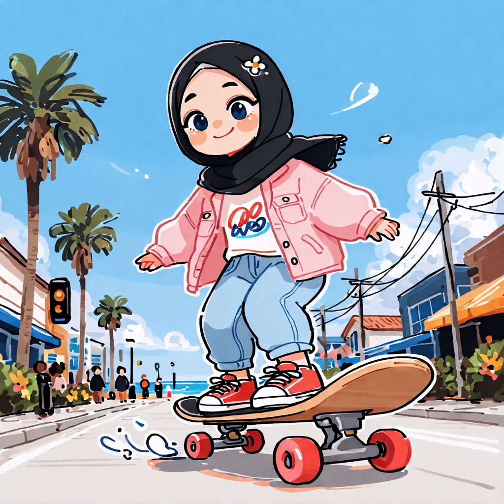 { "high_level_description": "A vibrant and dynamic digital anime illustration depicting a young Muslim girl wearing a hija...