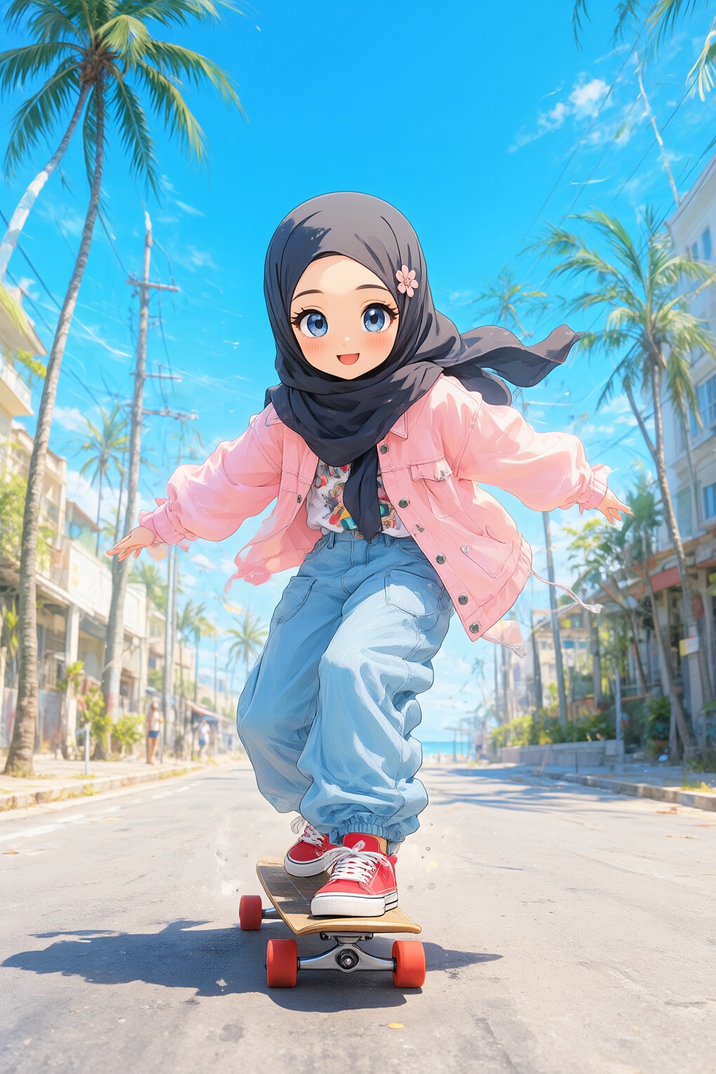 { "high_level_description": "A vibrant and dynamic digital anime illustration depicting a young Muslim girl wearing a hija...