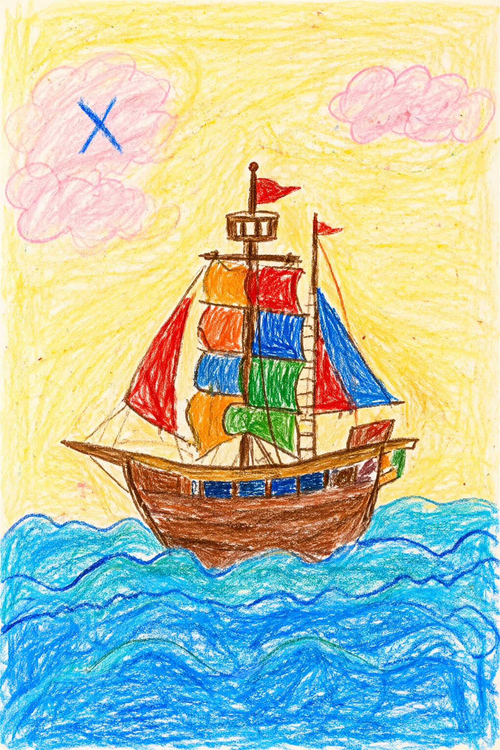 { "high_level_description": "A colorful,  child-like crayon drawing of a sailing ship on blue ocean waves under a warm yel...