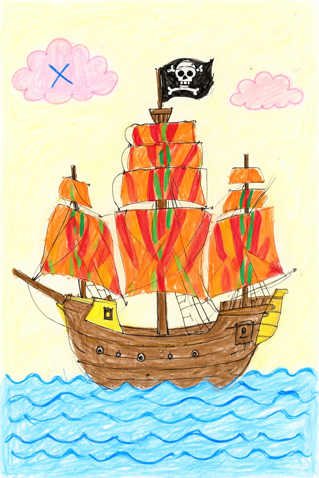 The image depicts a colorful drawing of a pirate ship sailing on the ocean. The ship has three masts,  each with a red and...