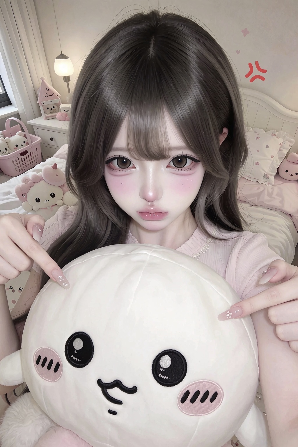 soft texturized wolf cut,  A highly realistic close-up selfie portrait of a young woman sitting on a bed in a cozy pastel...