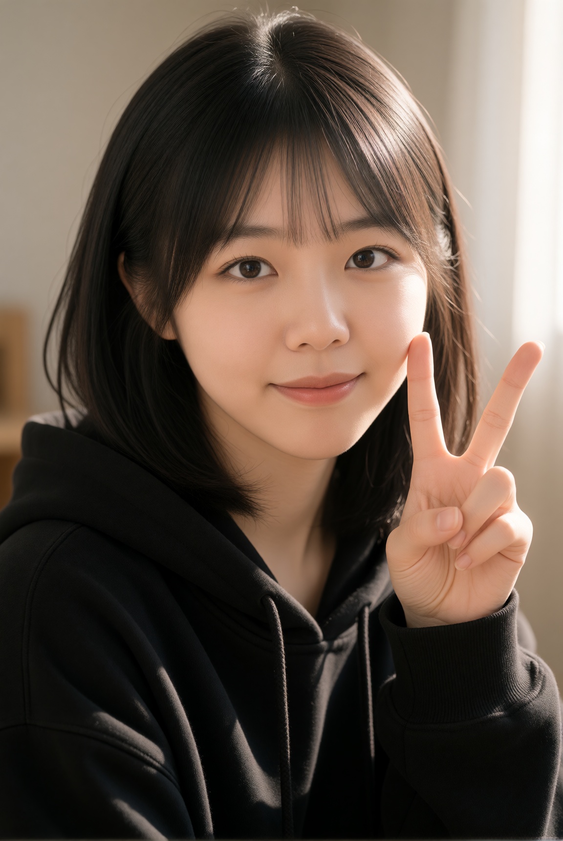 A close-up portrait of a young East Asian woman with medium-length black hair and soft air bangs framing her face,  wearin...