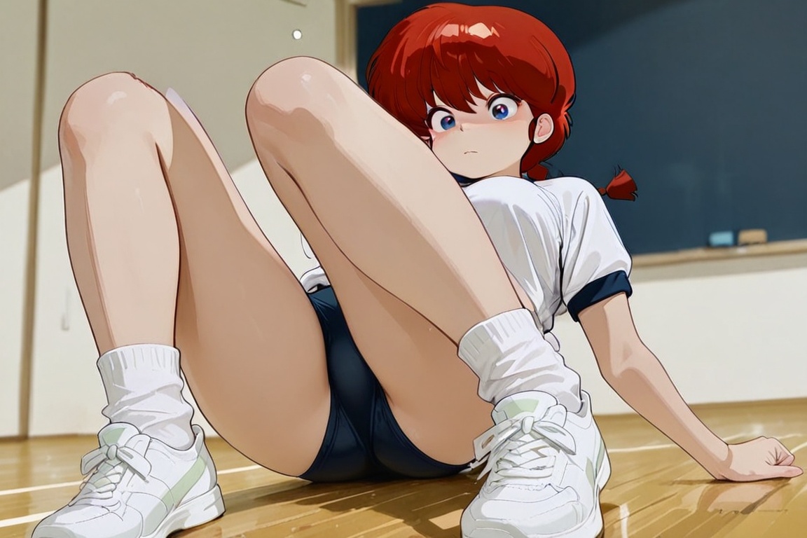 Ranma-chan,  purple eyeshadow,  Beautiful Buruma A pair of sweatpants slipping down to the knees on Tensor.Art