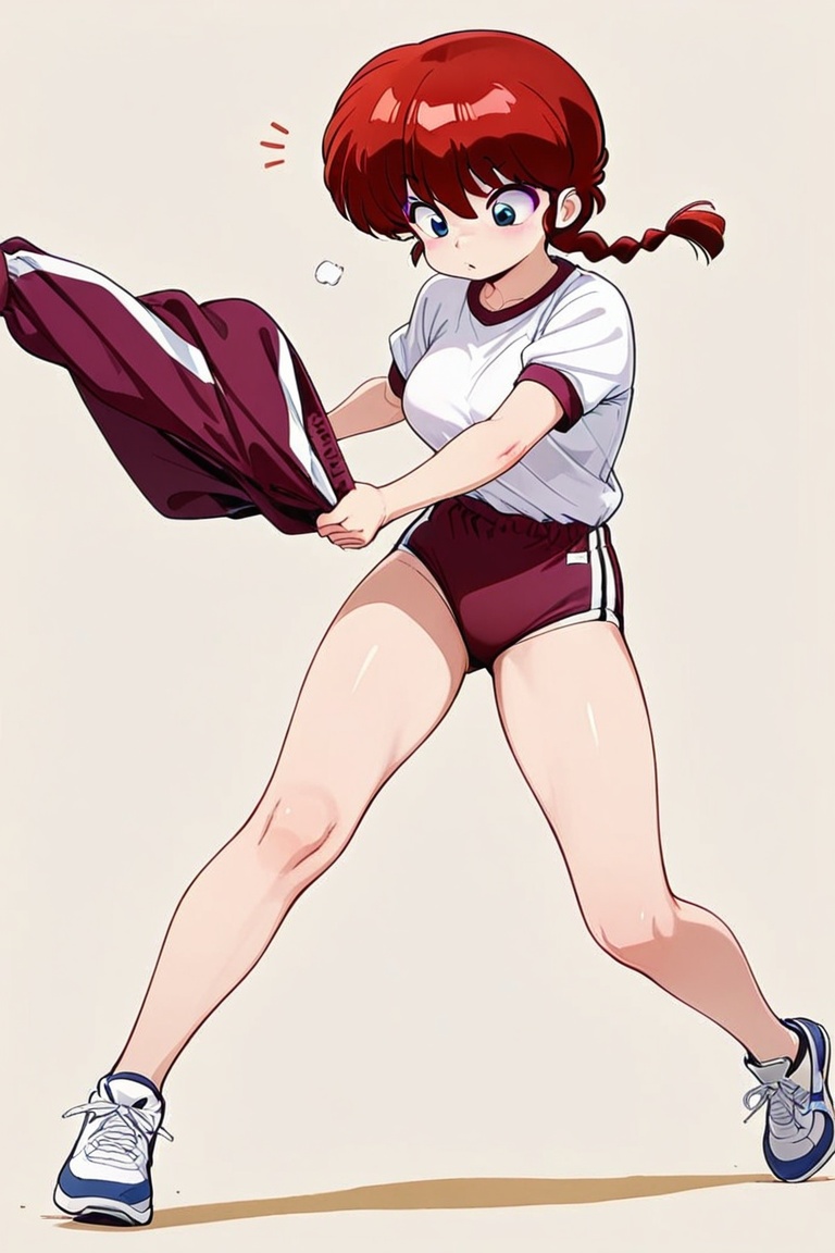 Ranma-chan,  purple eyeshadow,  Beautiful Buruma A pair of sweatpants slipping down to the knees on Tensor.Art