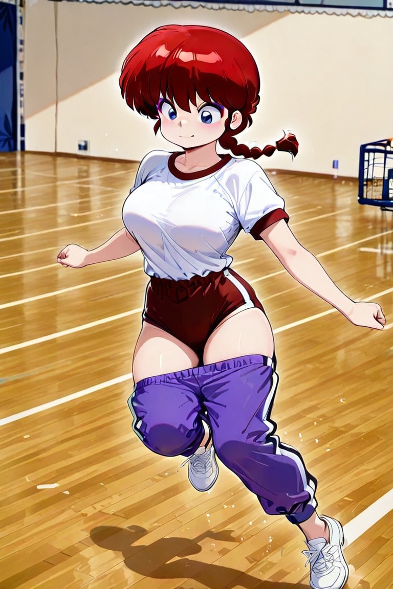 Ranma-chan,  purple eyeshadow,  Beautiful Buruma A pair of sweatpants slipping down to the knees on Tensor.Art