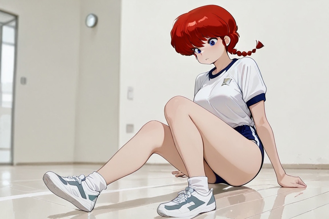 Ranma-chan,  purple eyeshadow,  Beautiful Buruma A pair of sweatpants slipping down to the knees on Tensor.Art