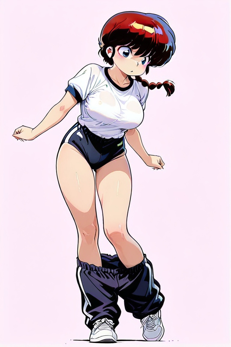 Ranma-chan,  purple eyeshadow,  Beautiful Buruma A pair of sweatpants slipping down to the knees on Tensor.Art