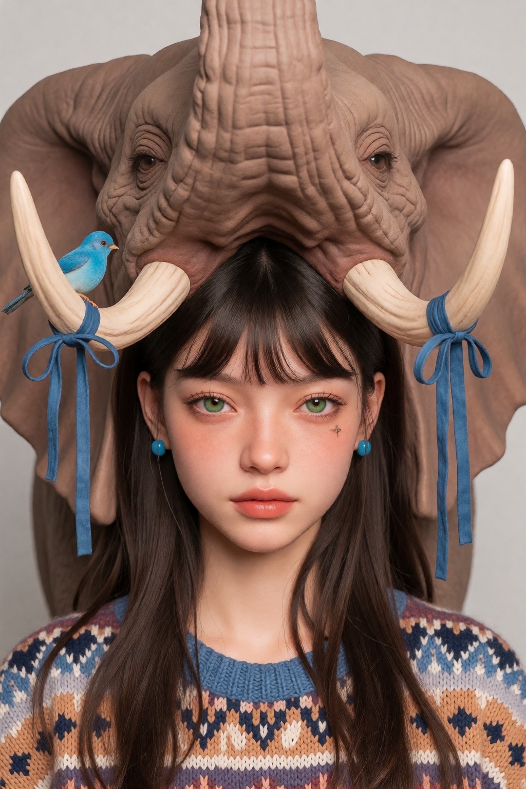 @zbrush,  The image is a striking and surreal illustration that merges human and animal features. At the center is a young...